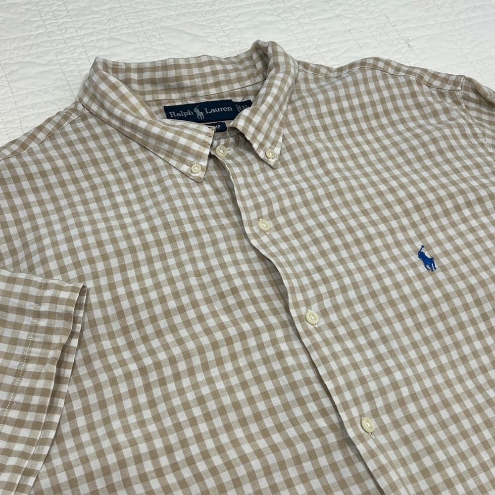 Ralph Lauren Bob Camp‎ Silk Linen Gingham Shirt Mens XL Tan Check READ